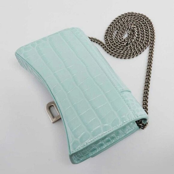 Balenciaga Light Green Croc Embossed Leather Soft Hourglass Wallet On Chain Bag - Picture 3 of 12